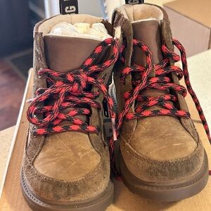 UGG Kids Brown Boots with Red Checkered Laces